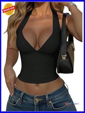 Halter Crop Top Sleeveless Deep V Neck Open Back Summer Tank